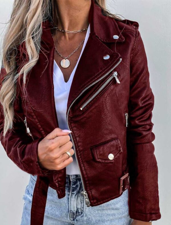 Women Spring Short Biker Jacket with Stand-Up Collar and Zipper Closure
