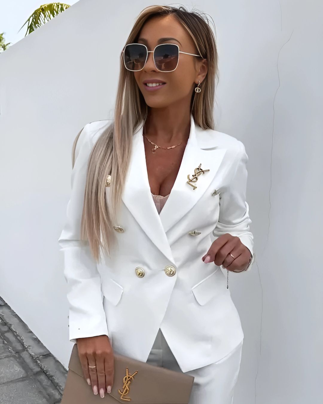 Women Double Breasted Suit With Tailored Blazer And Straight Leg Trousers
