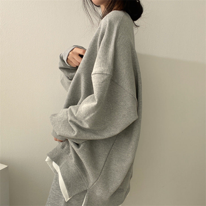 Women Autumn Fleece-Lined Hoodie Loose Fit Round Neck Long Sleeve