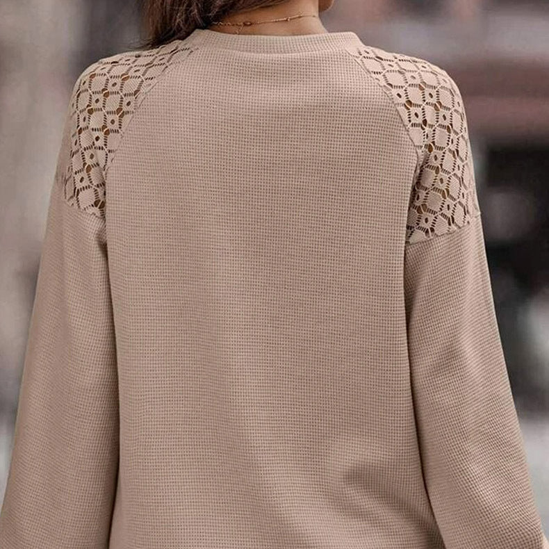 Women Autumn Pullover Lace Splicing Long Sleeves Regular Fit Khaki