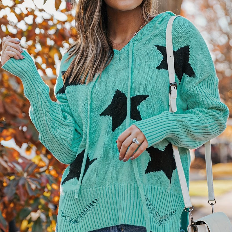 Women Autumn Hooded Pullover Knitted Long Sleeve Drawstring Printed