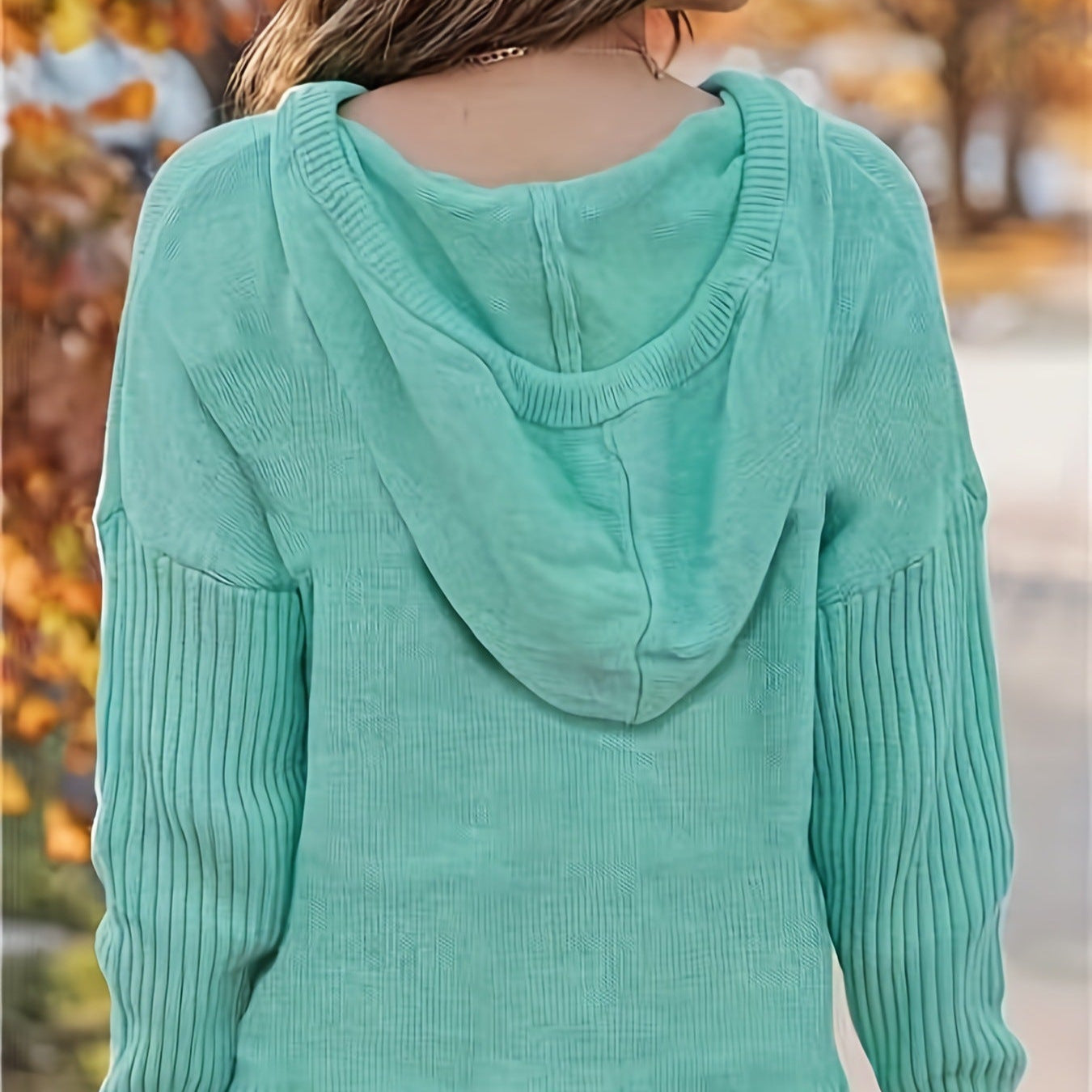 Women Autumn Hooded Pullover Knitted Long Sleeve Drawstring Printed