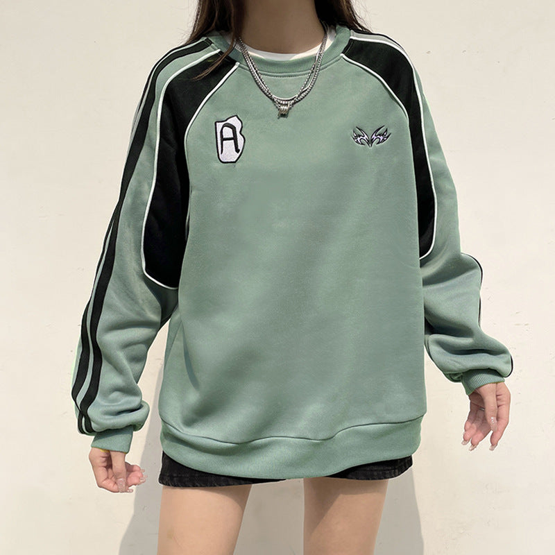 Women Autumn Round Neck Sweater Contrast Braided Pattern Loose Fit