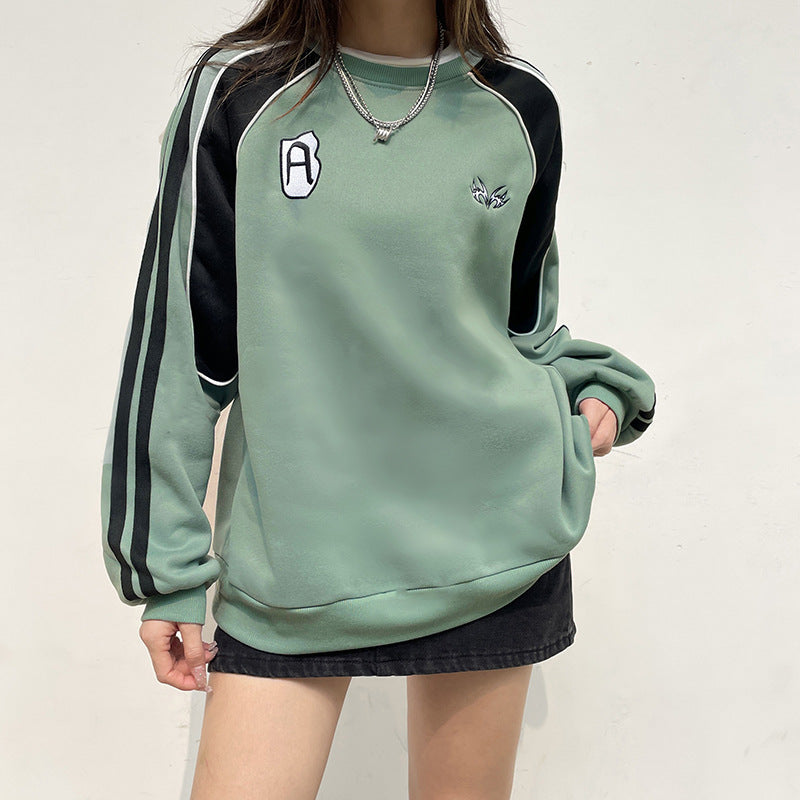 Women Autumn Round Neck Sweater Contrast Braided Pattern Loose Fit