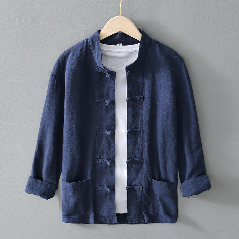 Men Spring Shirt Jacket With Frog Buttons And Stand Collar
