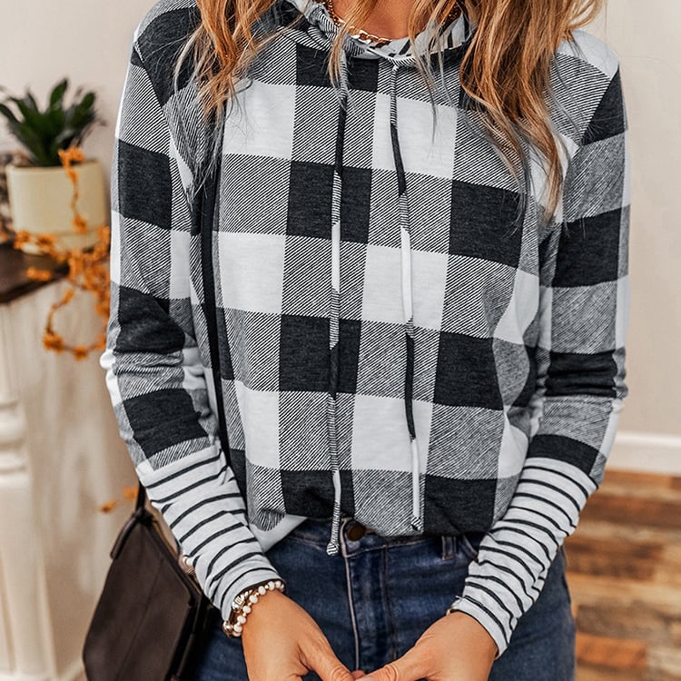 Women Spring Pullover Hoodie Plaid Stitching Loose Fit Regular Sleeves