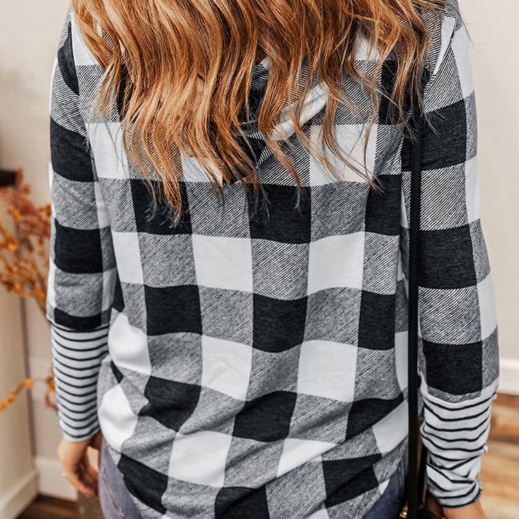 Women Spring Pullover Hoodie Plaid Stitching Loose Fit Regular Sleeves