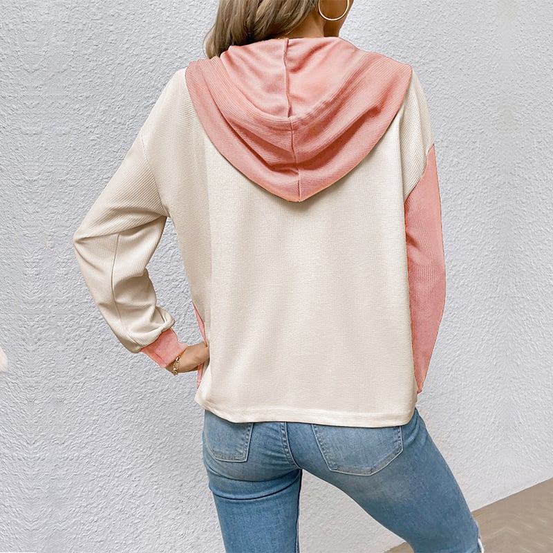 Women Spring Hooded Sweater Long Sleeve Contrast Color Relaxed Fit