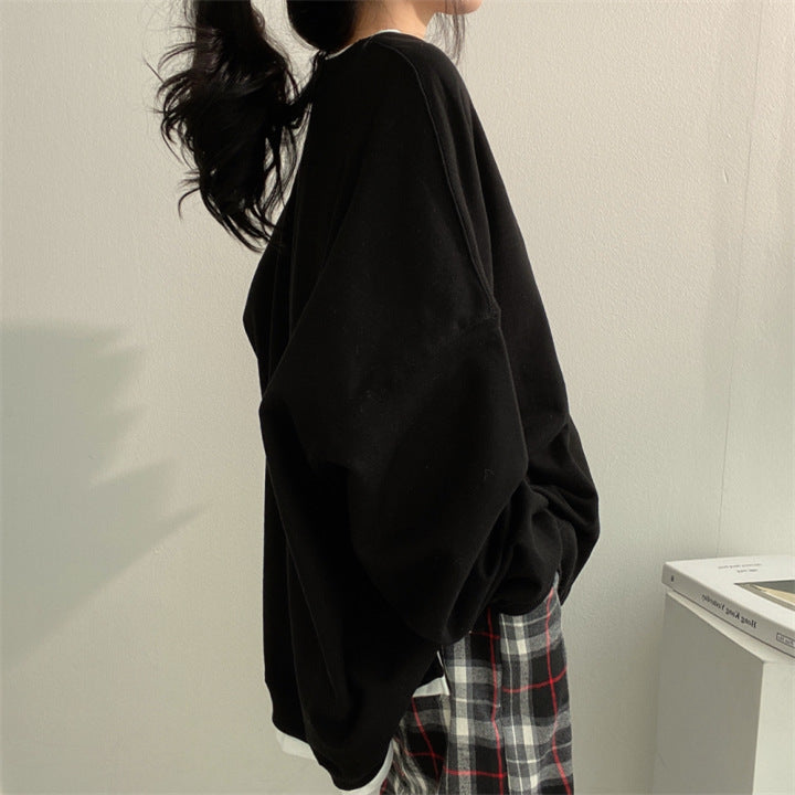 Women Autumn Fleece-Lined Hoodie Loose Fit Round Neck Long Sleeve