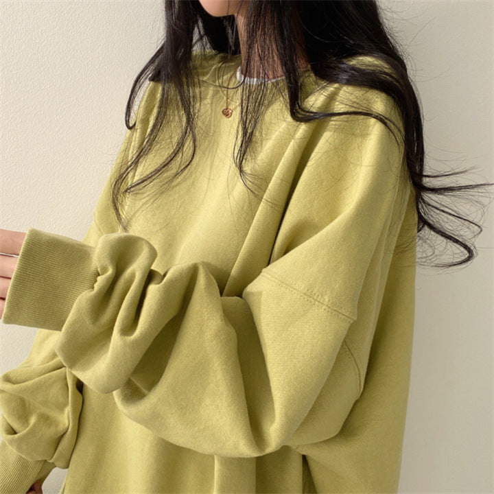 Women Autumn Fleece-Lined Hoodie Loose Fit Round Neck Long Sleeve