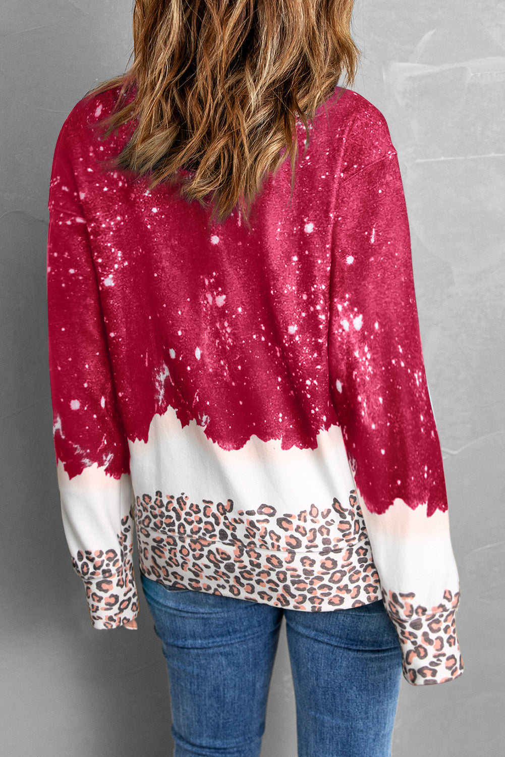 Women Autumn Leopard Print Pullover Sweater Loose Fit Mid-Length Tie-Dye Detail