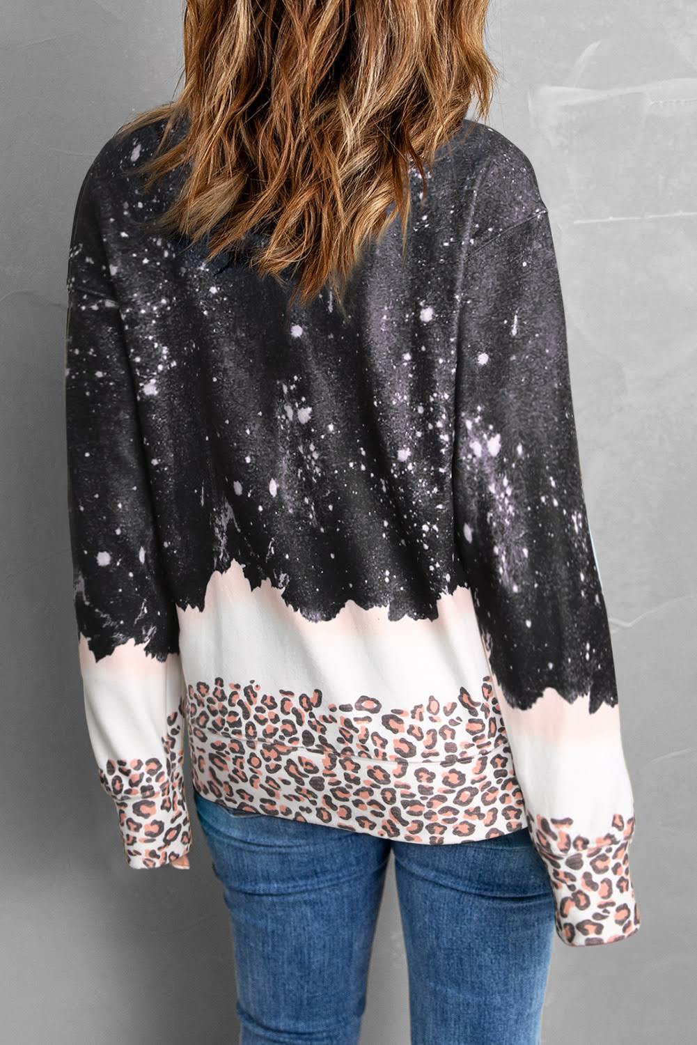 Women Autumn Leopard Print Pullover Sweater Loose Fit Mid-Length Tie-Dye Detail
