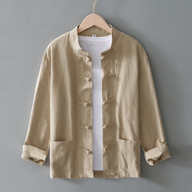 Men Spring Shirt Jacket With Frog Buttons And Stand Collar