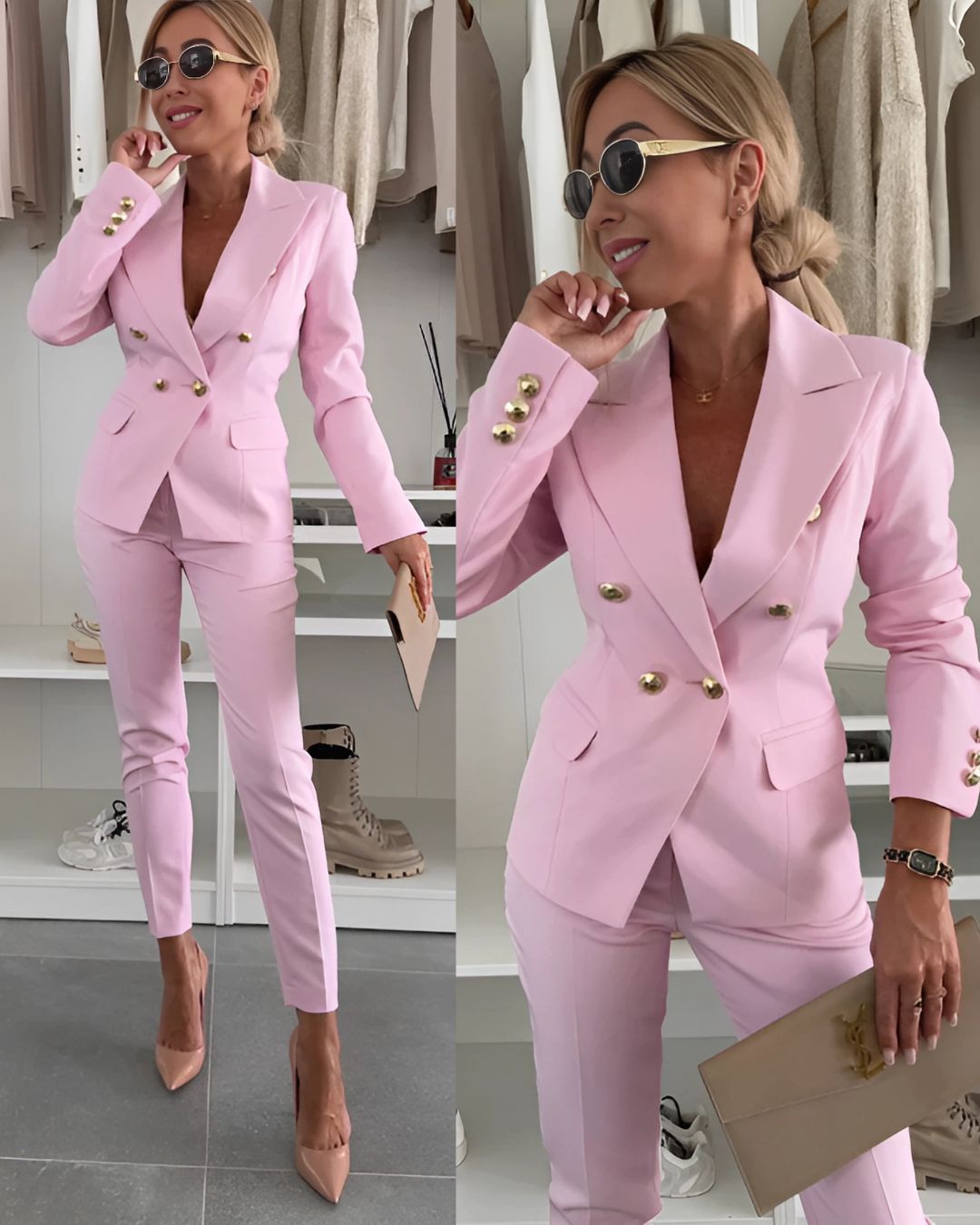 Women Double Breasted Suit With Tailored Blazer And Straight Leg Trousers
