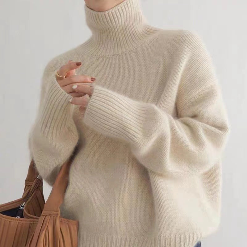 Women Turtleneck Sweater Thick Knit Long Sleeve Solid Color Pullover