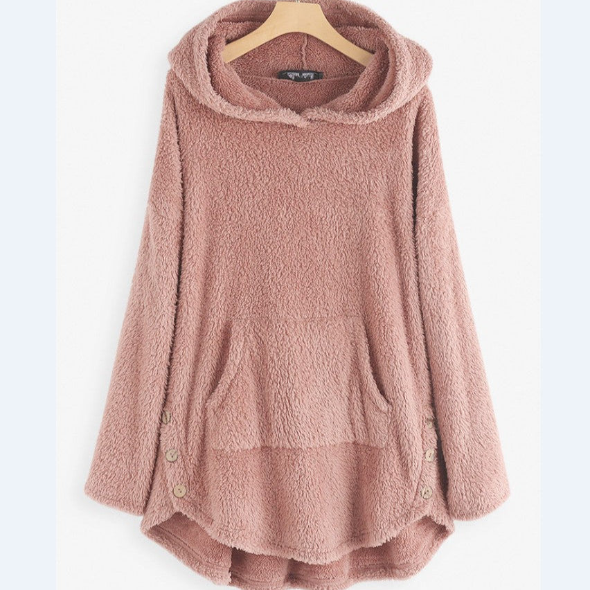 Women Autumn Hooded Pullover Double-Sided Fleece Mid-Length Sweater Loose Fit
