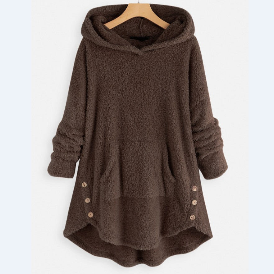 Women Autumn Hooded Pullover Double-Sided Fleece Mid-Length Sweater Loose Fit