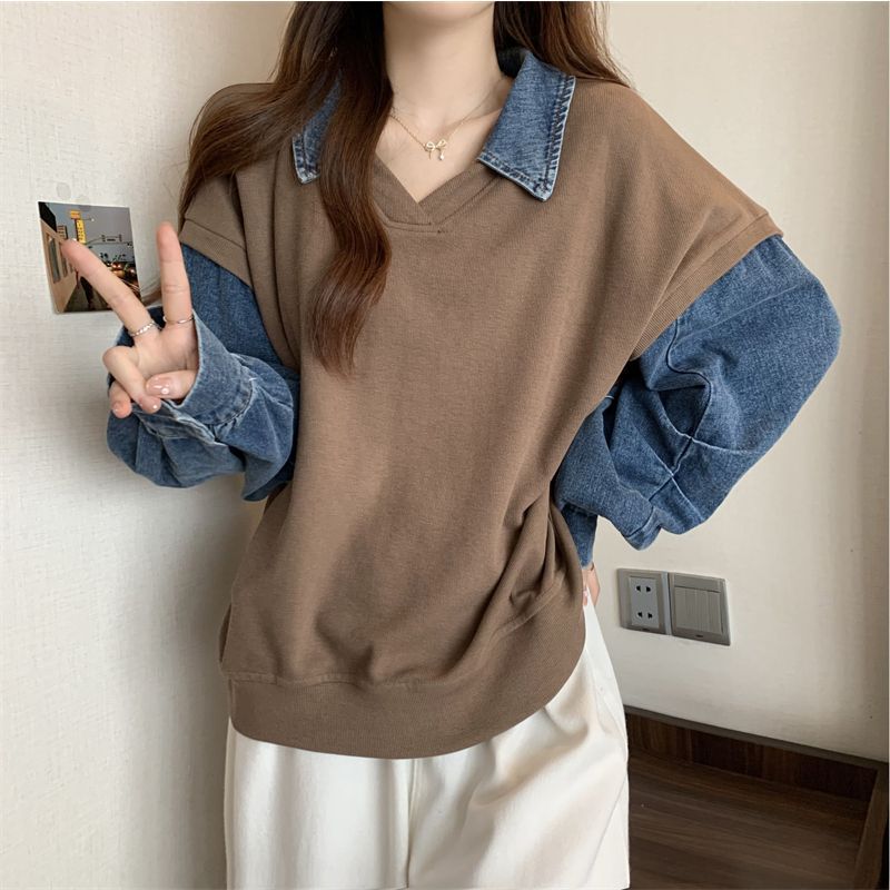 Plus Size Denim Stitching False Two-Piece Sweater I Ideal for Autumn and Winter