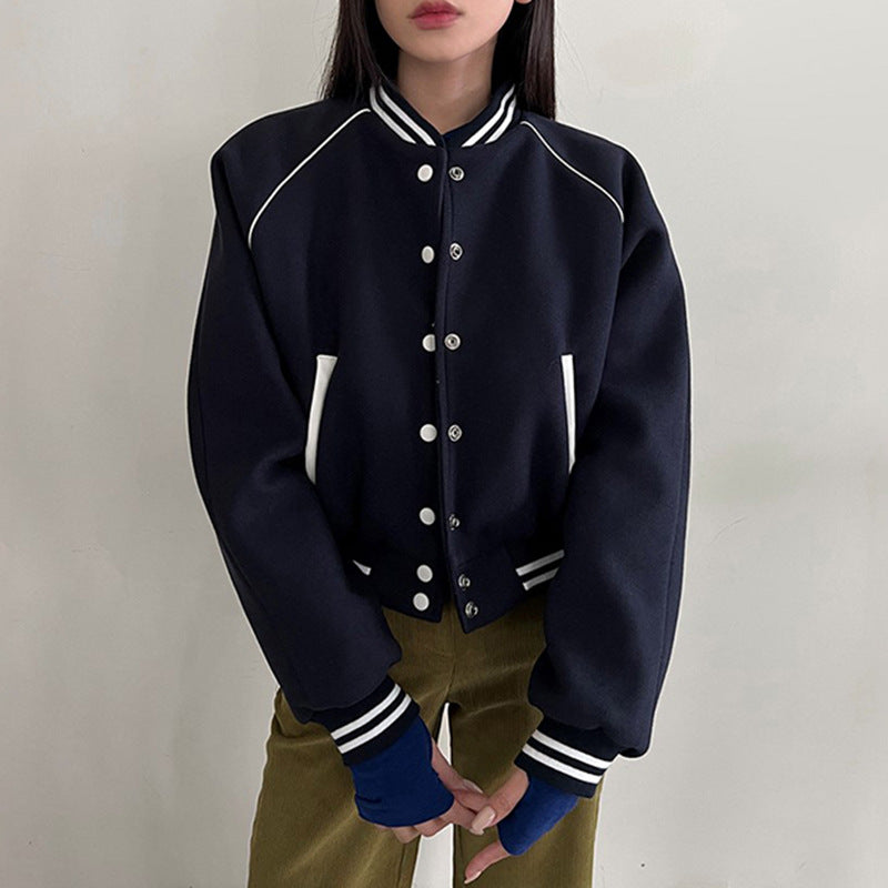 Women Autumn Baseball Jacket Loose Fit Button-Up Stand Collar Blue Patchwork