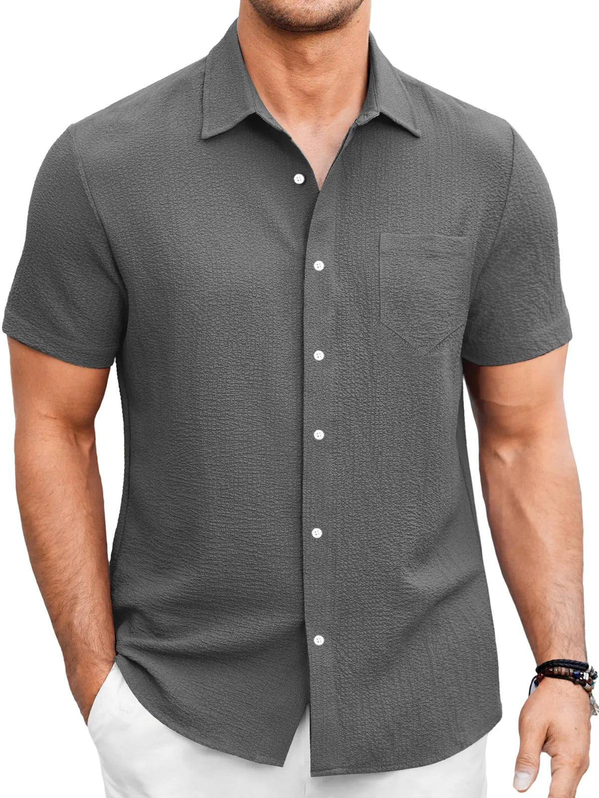 Men’s Summer Short Sleeve Bubble Wrinkle Shirt with Regular Fit