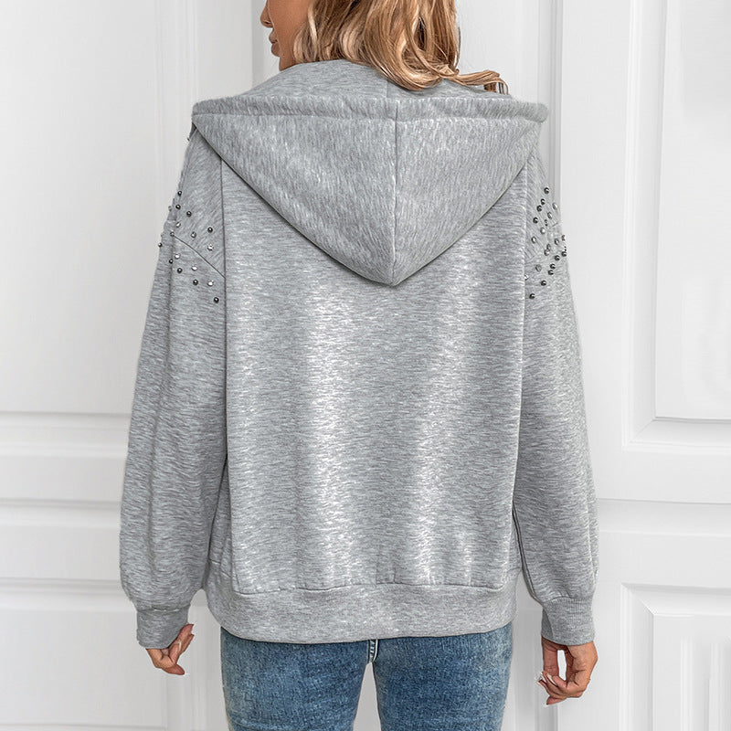 Women Autumn Hooded Beaded Knit Sweater Long Sleeve Relaxed Fit Light Gray