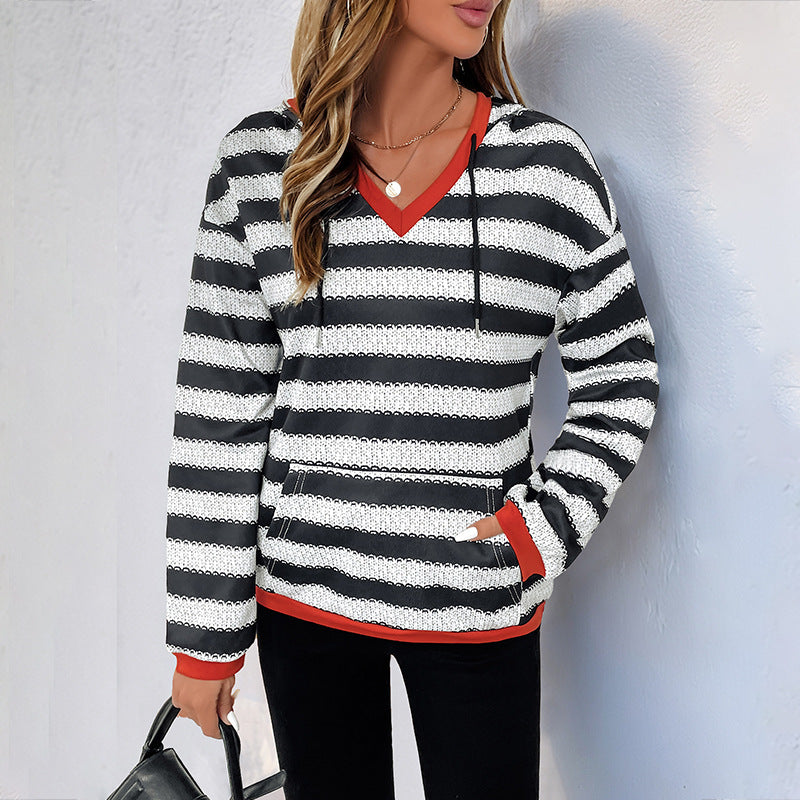 Women Autumn Pullover Sweater Black White Striped Long Sleeve Medium Thickness