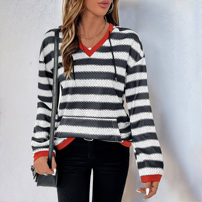 Women Autumn Pullover Sweater Black White Striped Long Sleeve Medium Thickness