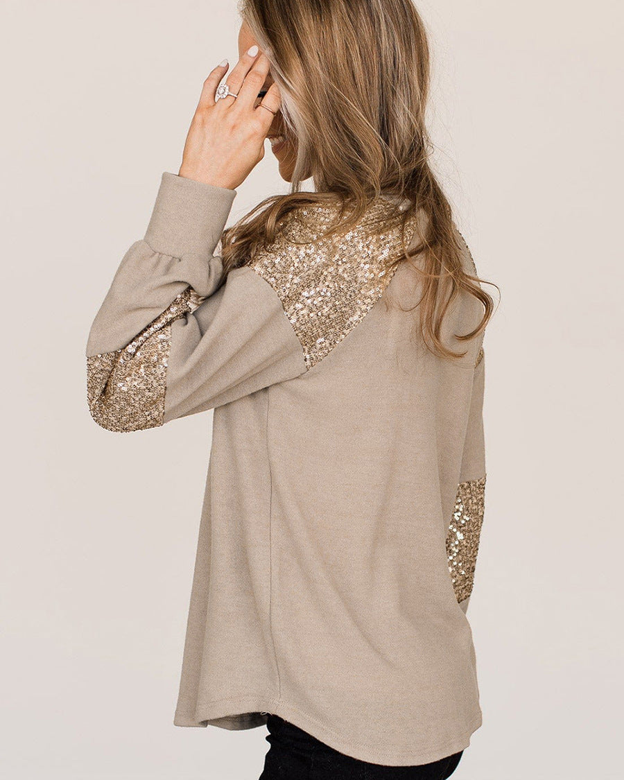 Women Autumn Round Neck Pullover Long Sleeves Sequin Details