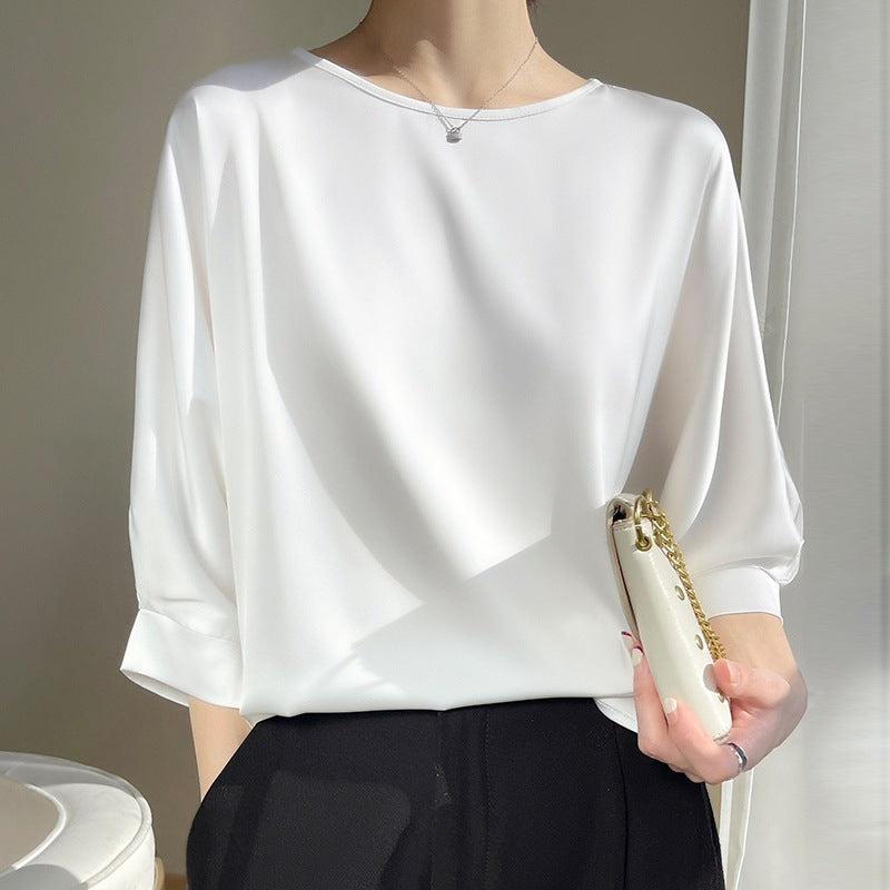 Women Summer T-Shirt Loose Fit Round Neck 3/4 Sleeve Cropped Satin Ice Silk