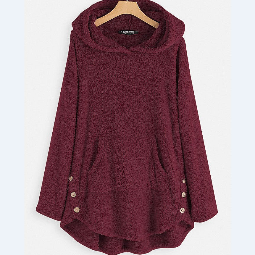 Women Autumn Hooded Pullover Double-Sided Fleece Mid-Length Sweater Loose Fit