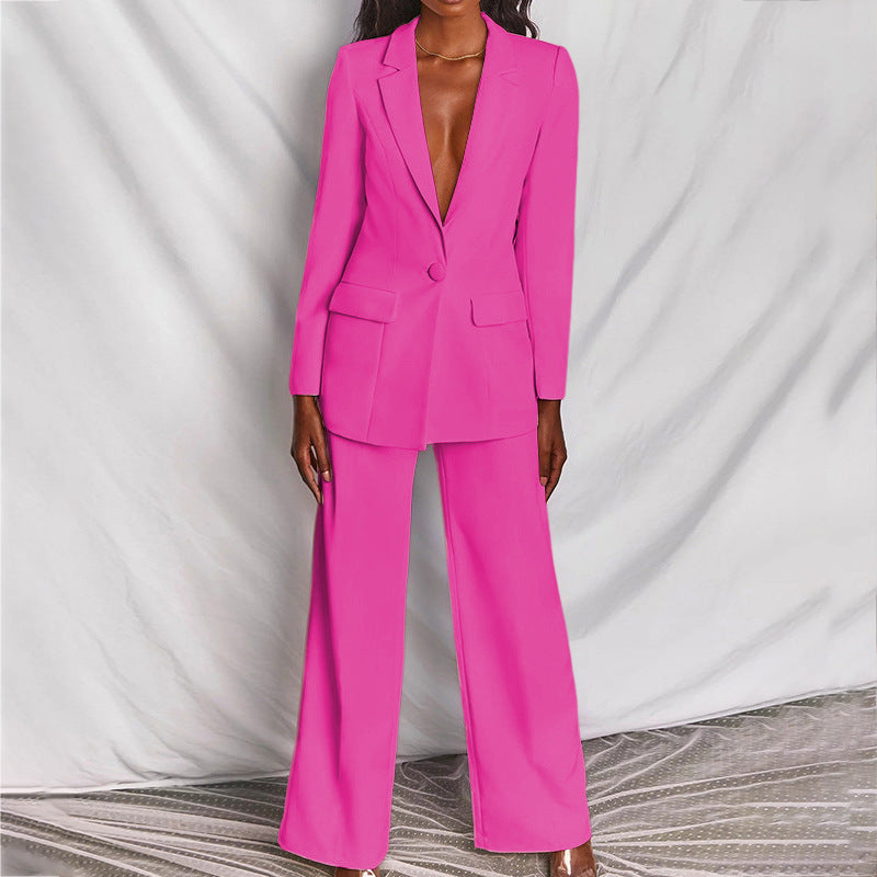 Woman Spring Blazer and Trousers Set with Tailored Blazer and Straight-Leg Trousers
