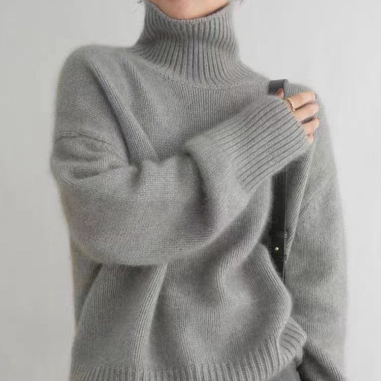 Women Turtleneck Sweater Thick Knit Long Sleeve Solid Color Pullover