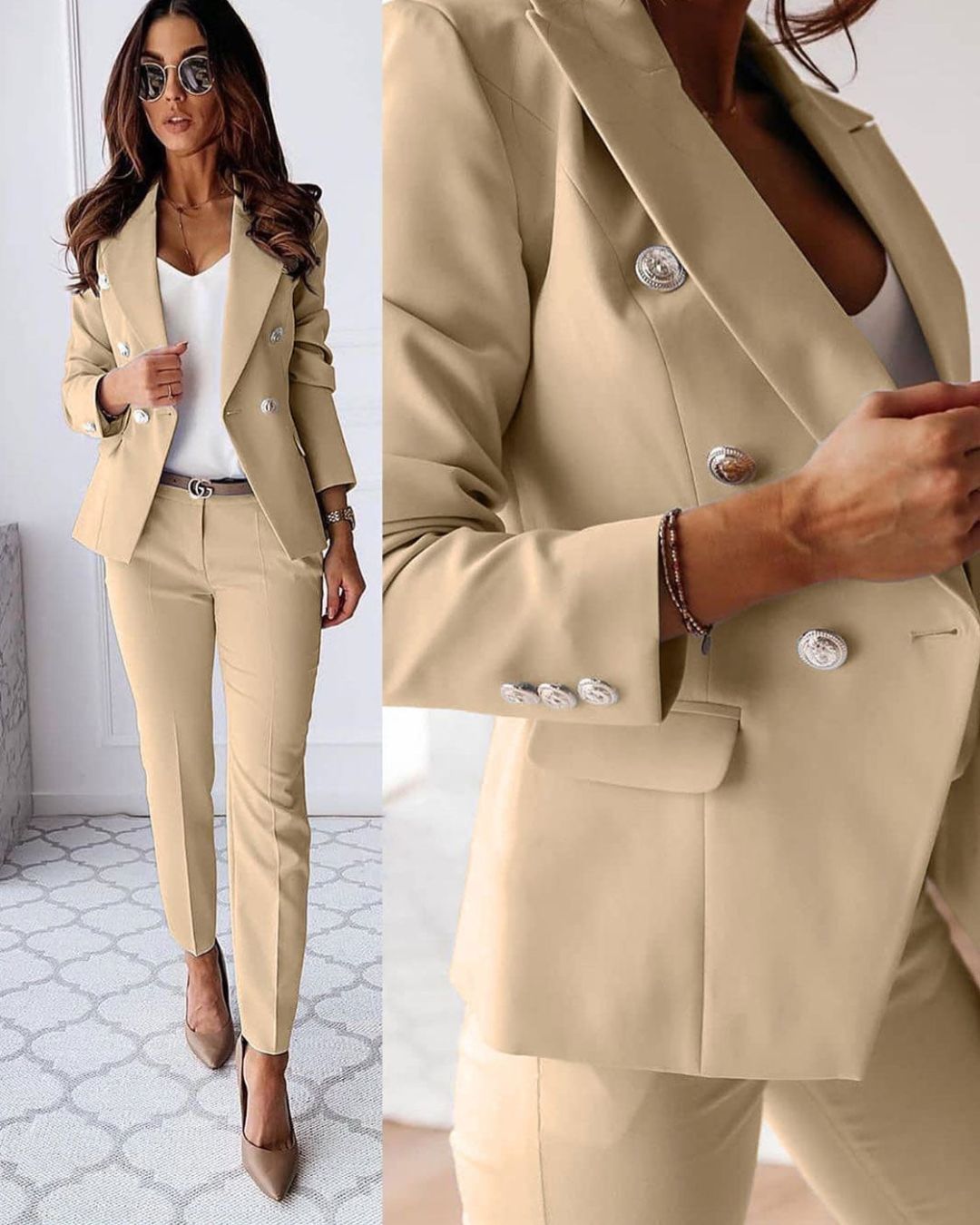 Women Double Breasted Suit With Tailored Blazer And Straight Leg Trousers