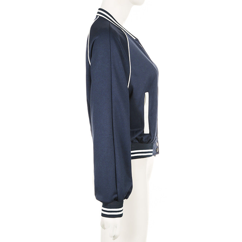Women Autumn Baseball Jacket Loose Fit Button-Up Stand Collar Blue Patchwork