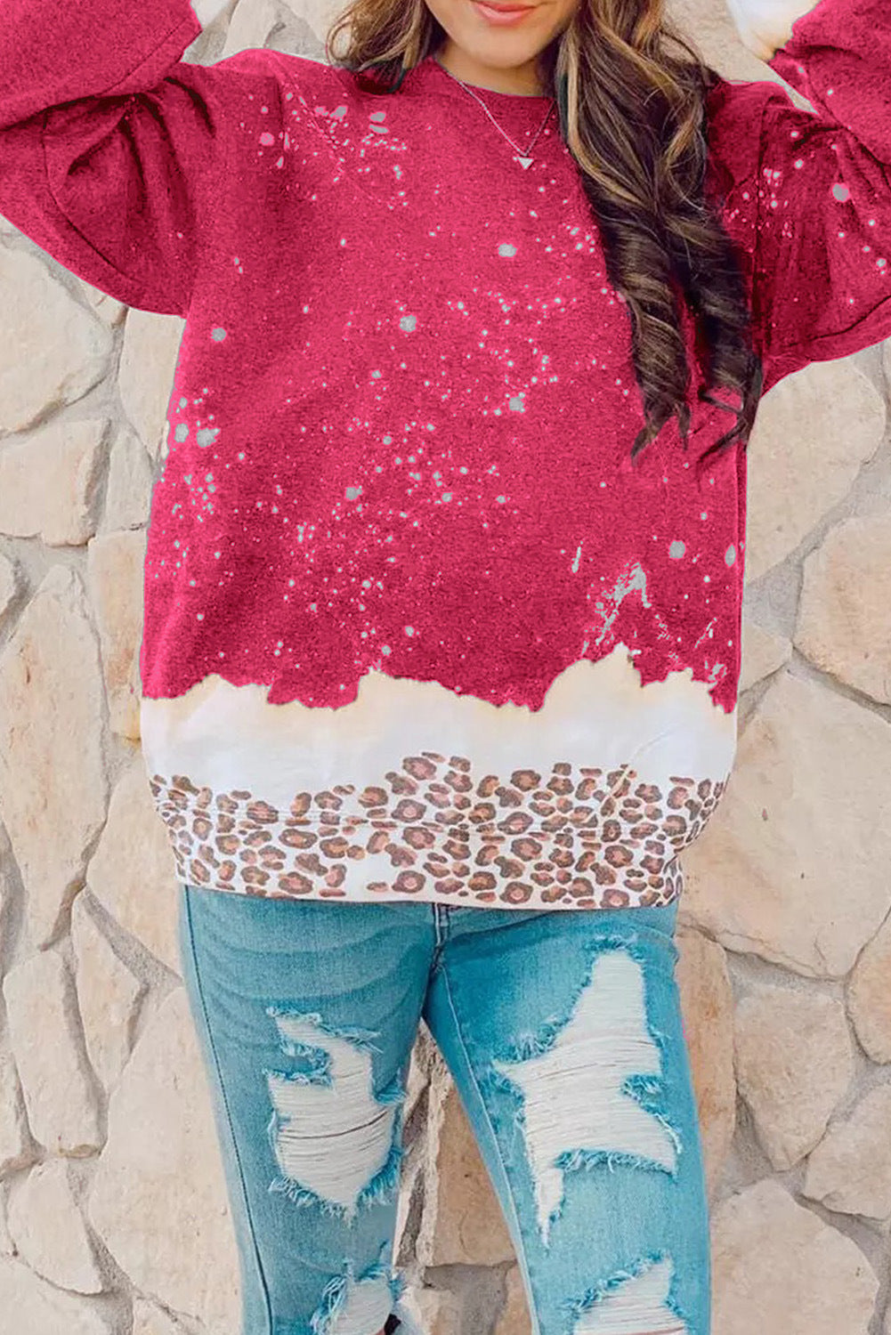 Women Autumn Leopard Print Pullover Sweater Loose Fit Mid-Length Tie-Dye Detail