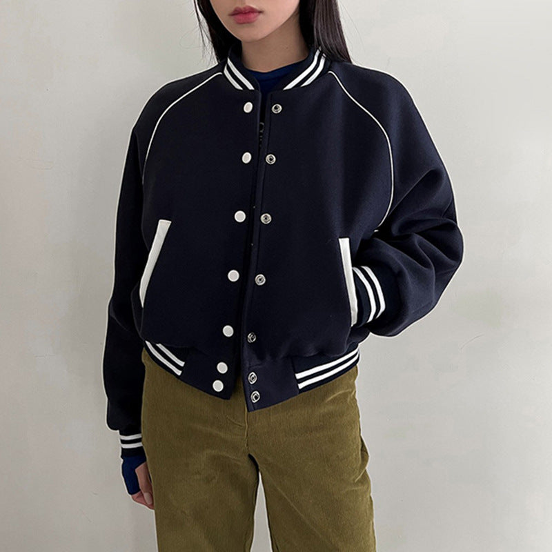 Women Autumn Baseball Jacket Loose Fit Button-Up Stand Collar Blue Patchwork