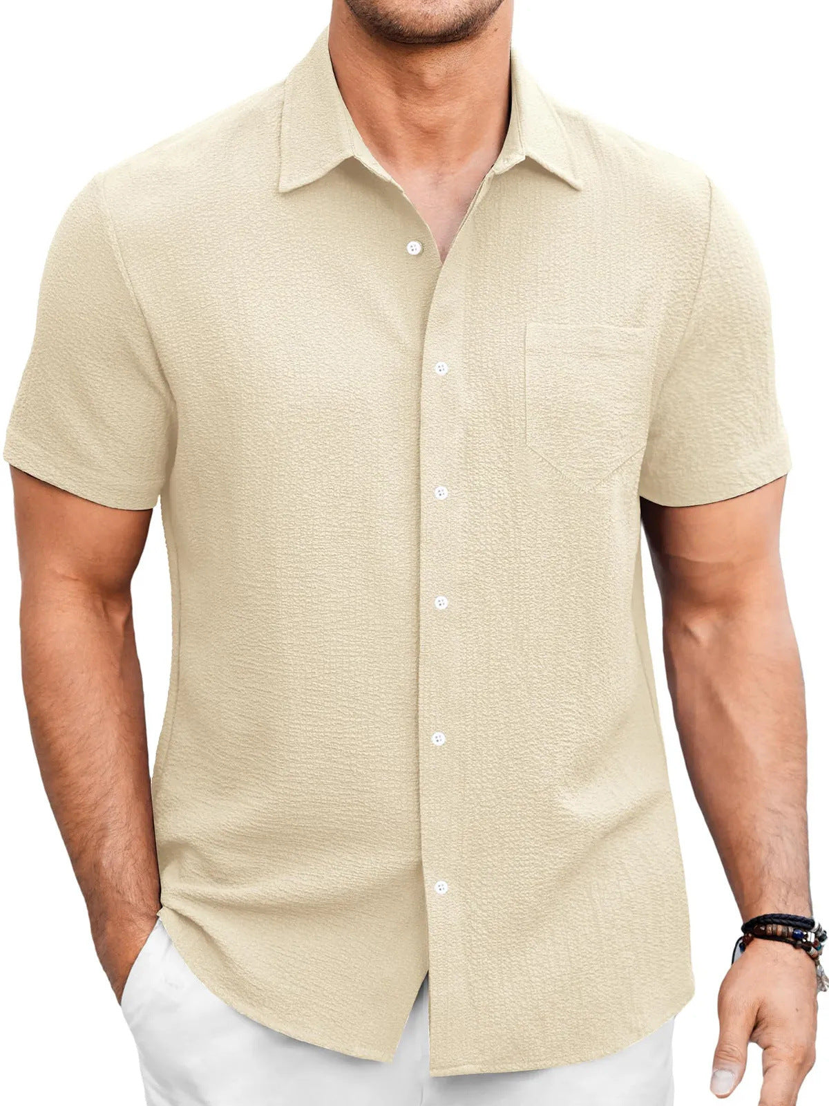 Men’s Summer Short Sleeve Bubble Wrinkle Shirt with Regular Fit