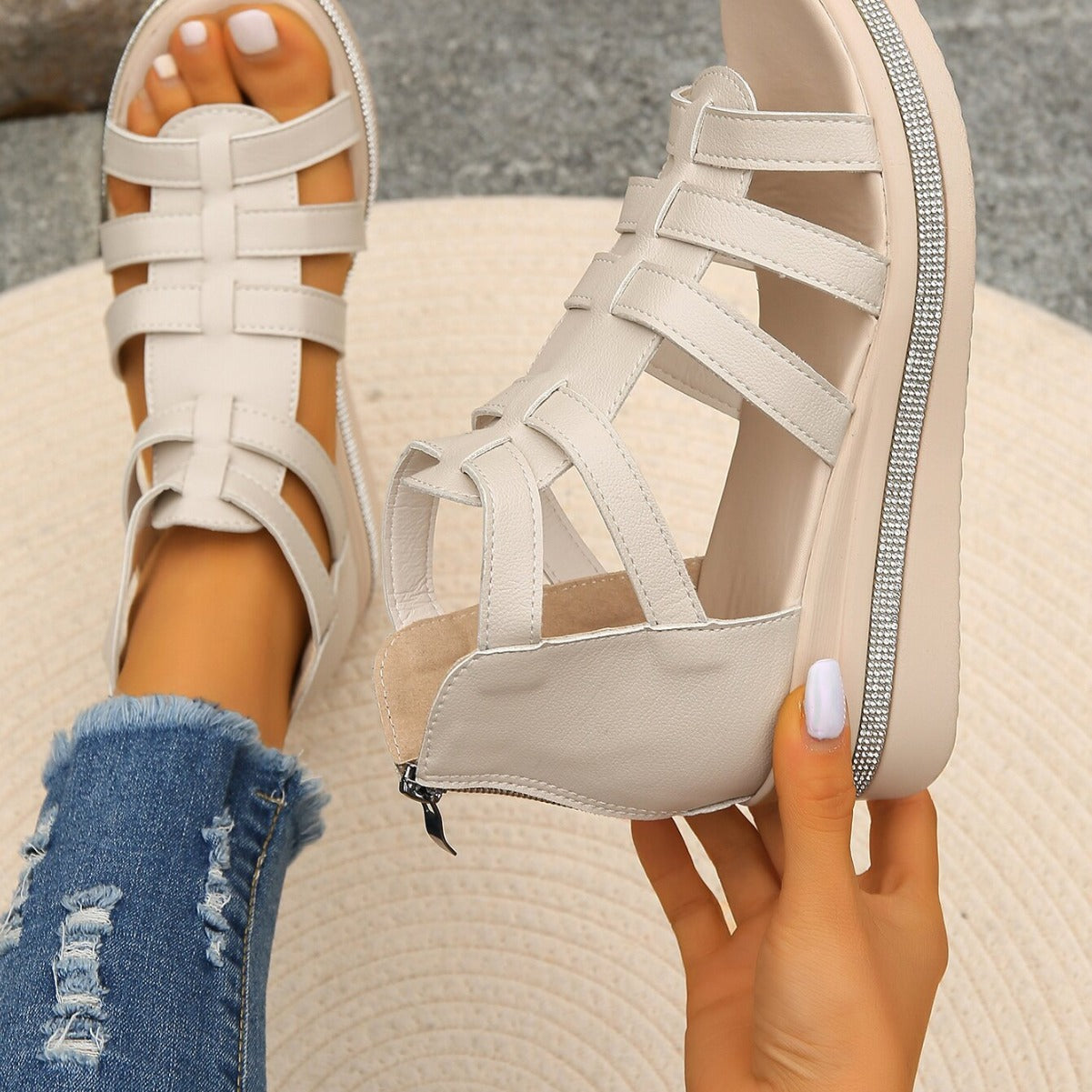 Women’s Summer Wedge Sandals Fish Mouth Platform Back Zipper with Rhinestones