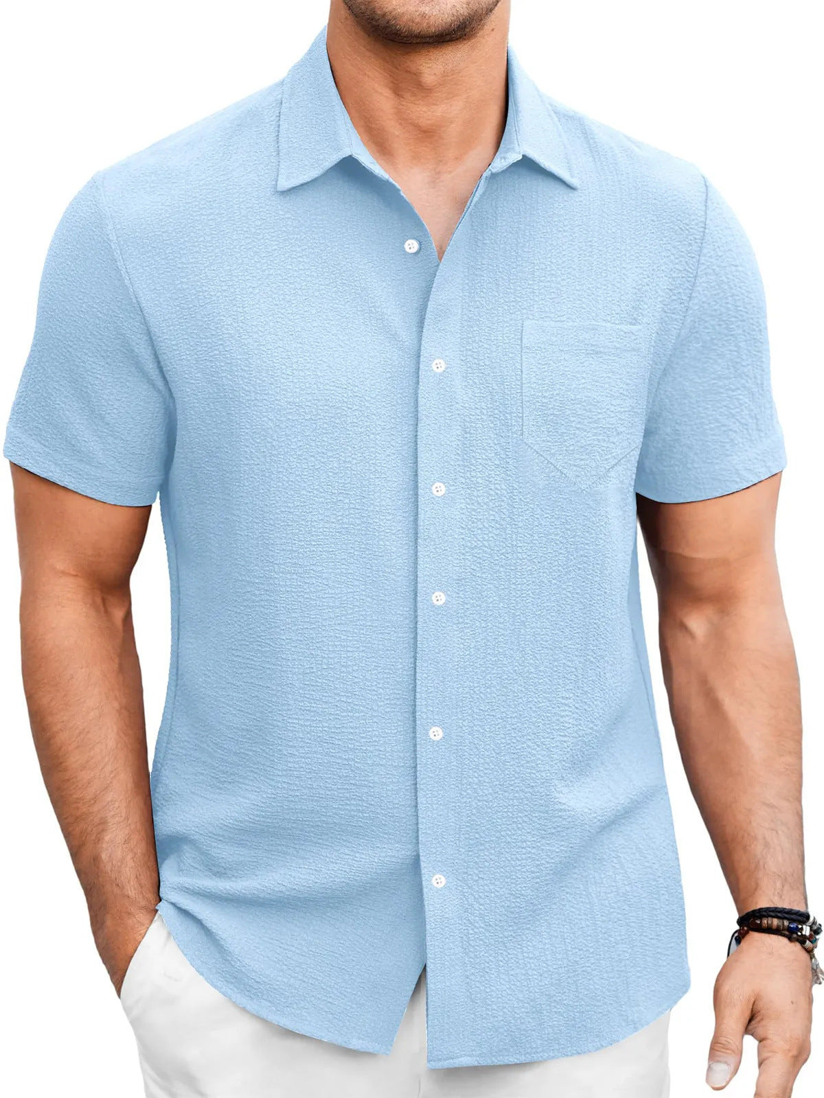 Men’s Summer Short Sleeve Bubble Wrinkle Shirt with Regular Fit