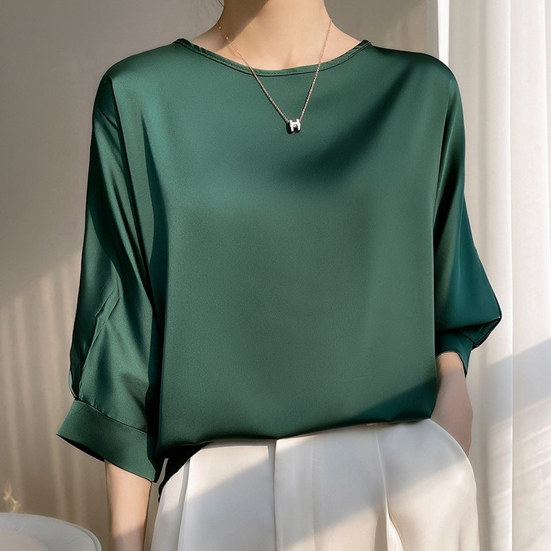 Women Summer T-Shirt Loose Fit Round Neck 3/4 Sleeve Cropped Satin Ice Silk