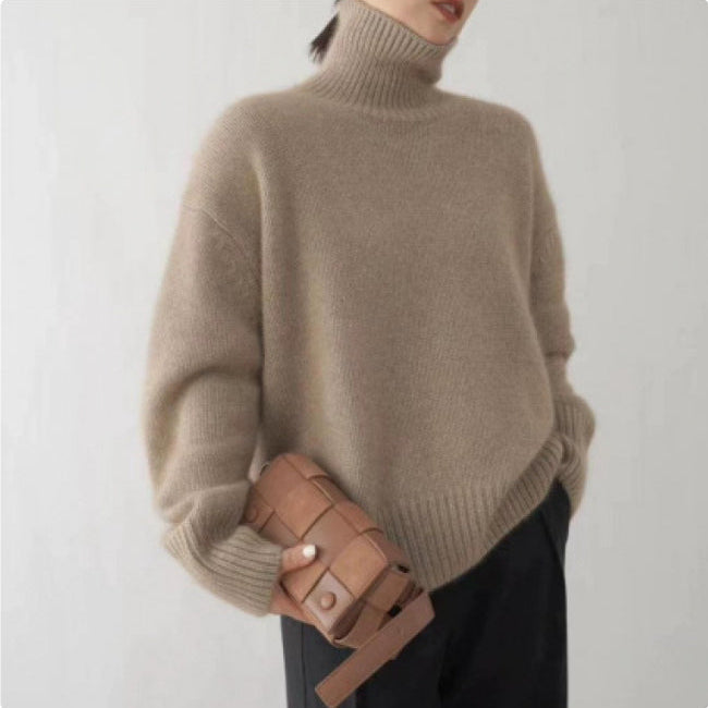 Women Turtleneck Sweater Thick Knit Long Sleeve Solid Color Pullover