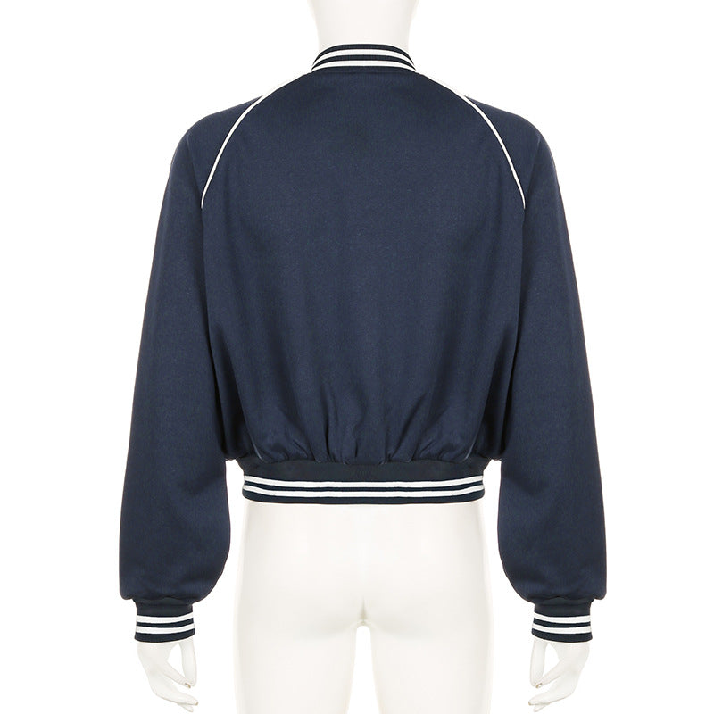 Women Autumn Baseball Jacket Loose Fit Button-Up Stand Collar Blue Patchwork