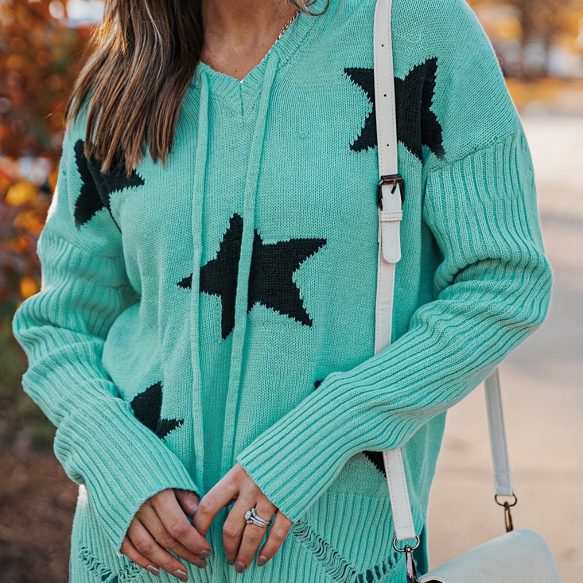 Women Autumn Hooded Pullover Knitted Long Sleeve Drawstring Printed