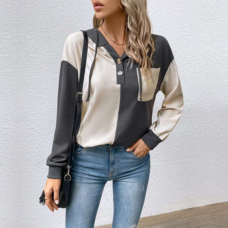Women Spring Hooded Sweater Long Sleeve Contrast Color Relaxed Fit