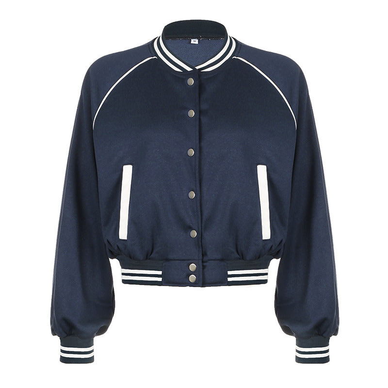 Women Autumn Baseball Jacket Loose Fit Button-Up Stand Collar Blue Patchwork