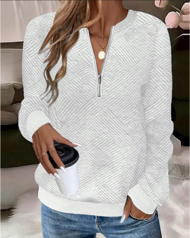 Women Autumn Zipper Front Loose Sweatshirt Long Sleeve Ribbed Cuffs