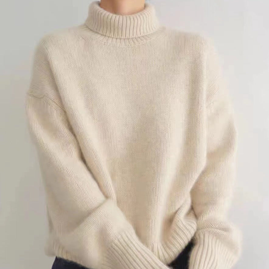 Women Turtleneck Sweater Thick Knit Long Sleeve Solid Color Pullover