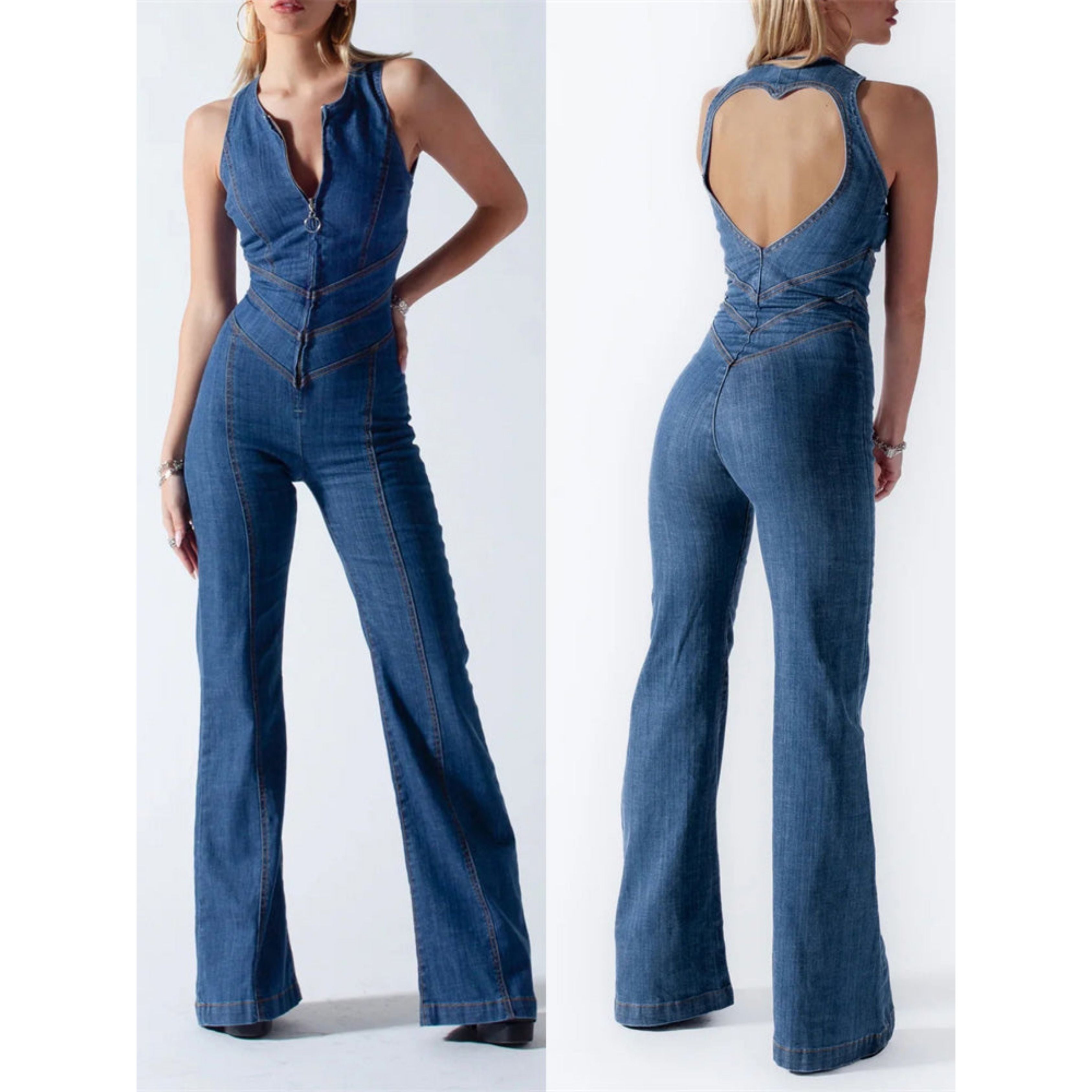 Women's Jumpsuit Deep V-Neck Blue