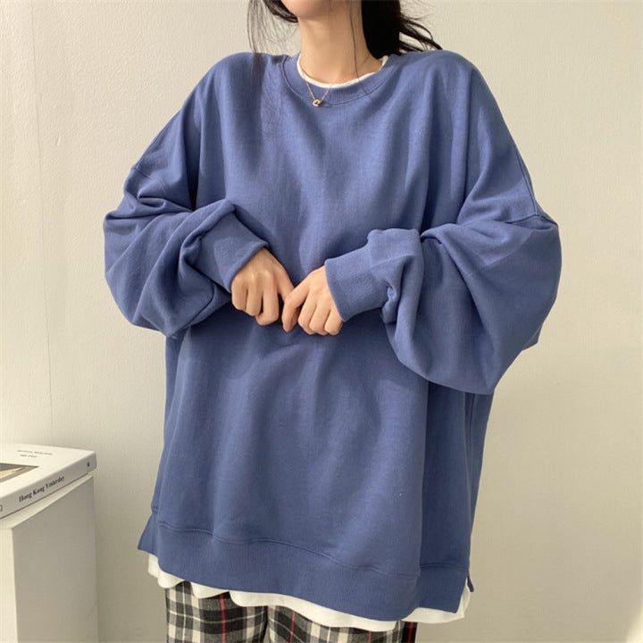 Women Autumn Fleece-Lined Hoodie Loose Fit Round Neck Long Sleeve