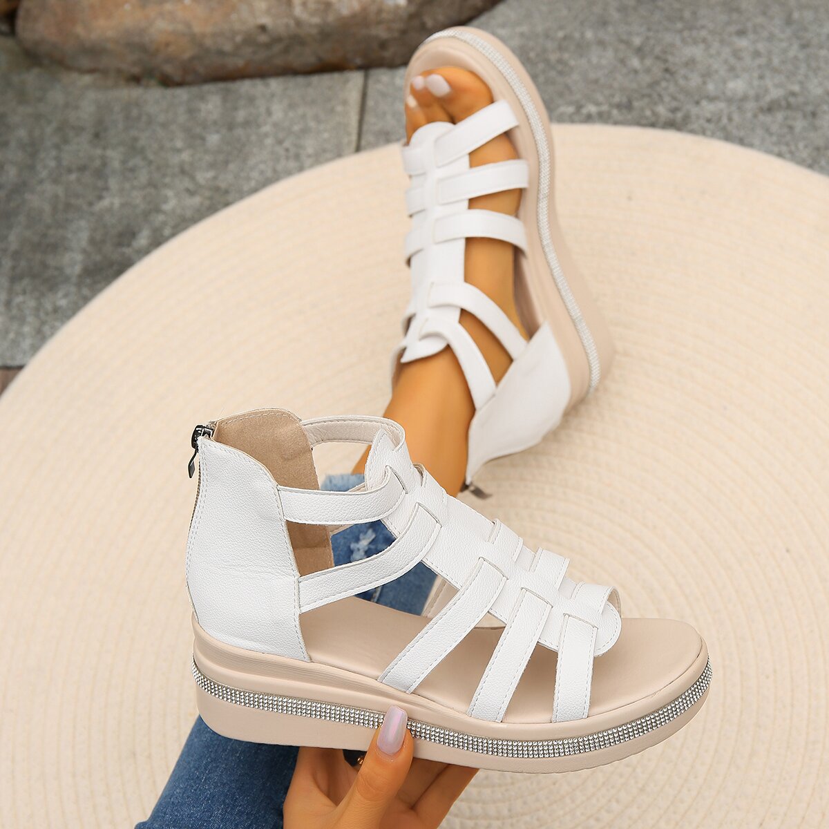 Women’s Summer Wedge Sandals Fish Mouth Platform Back Zipper with Rhinestones